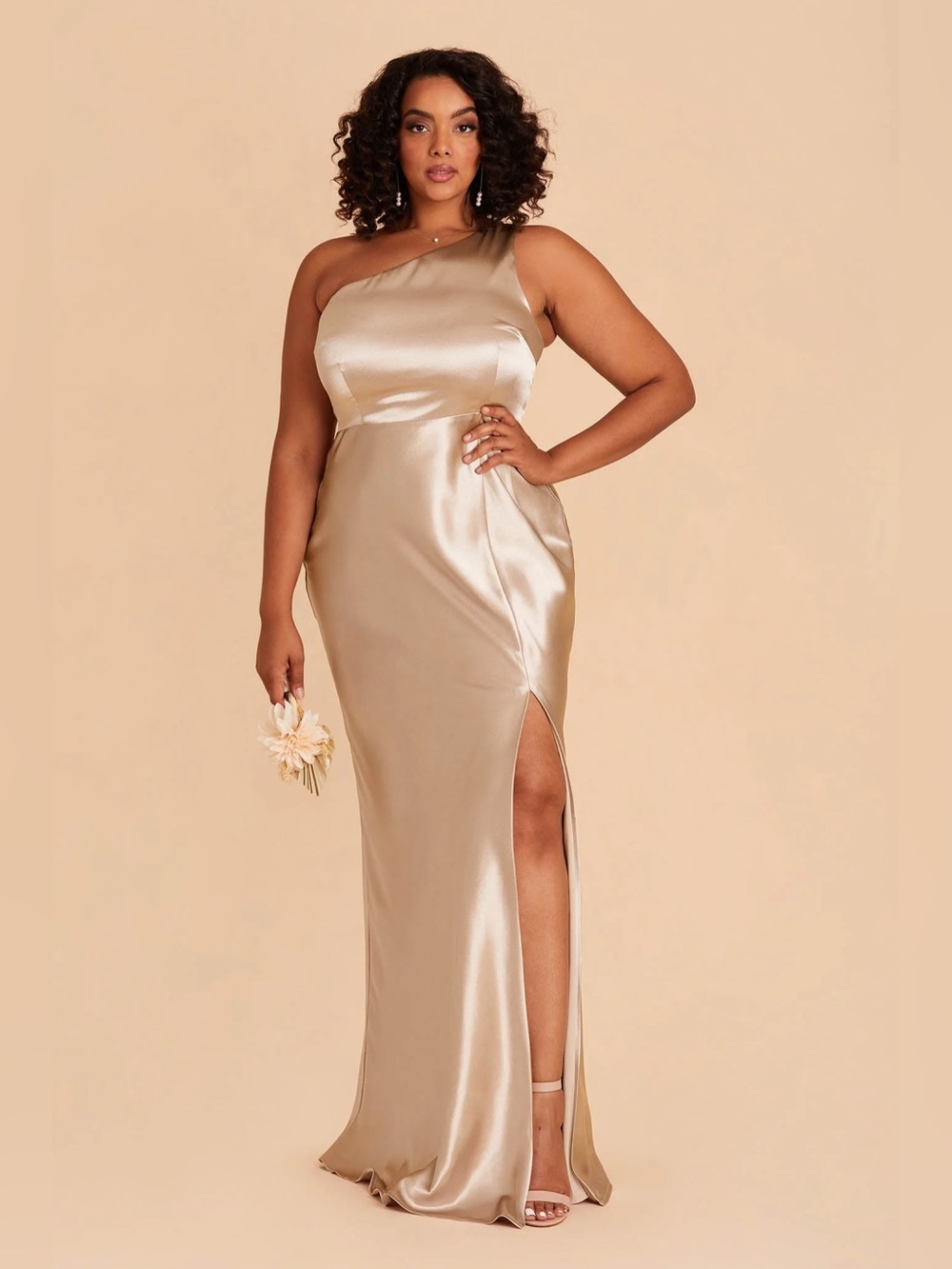 Birdy Grey One-Shoulder Satin Gown in Champagne